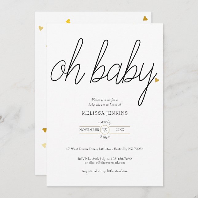 Convite Oh Baby Chic Script Dourado Love Heart Chá de fral (Frente/Verso)