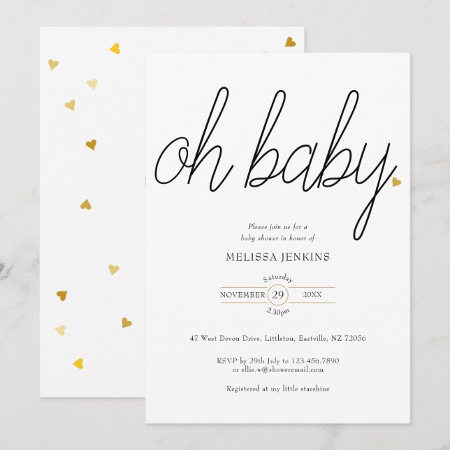 Convite Oh Baby Chic Script Ouro Amor Coração Chuveiro de  (Frente/Verso)