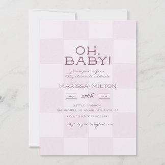 Convite Oh Baby Chuveiro de Bebê Xadrez Rosa Moderno