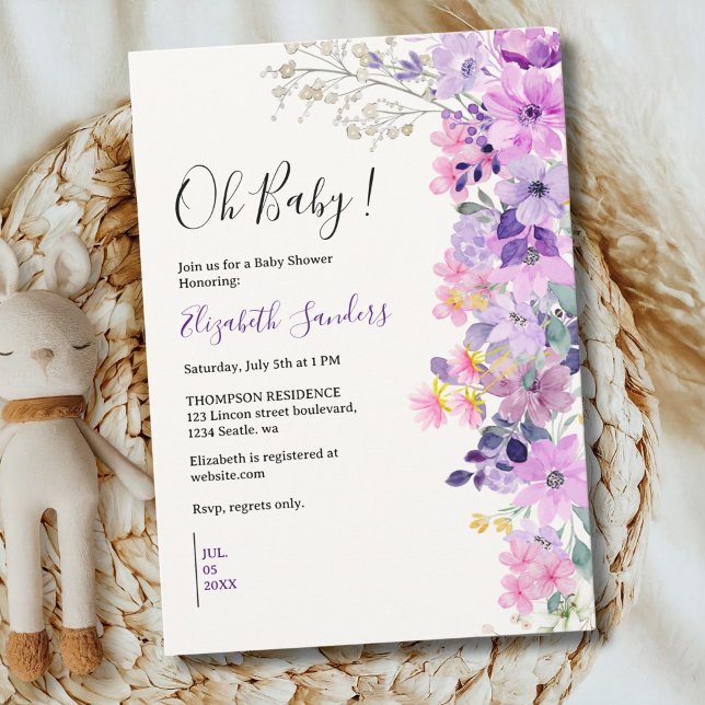 Convite Oh Baby, Cute Baby Shower Purple Spring Flowers (Criador carregado)