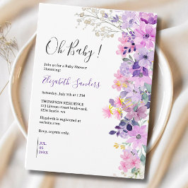 Convite Oh Baby, Cute Baby Shower Purple Spring Flowers