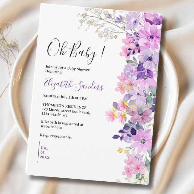 Convite Oh Baby, Cute Baby Shower Purple Spring Flowers (Criador carregado)