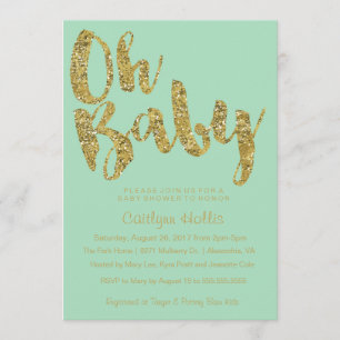 Convite Oh Baby Dourado Glitter e folha no Chá de fraldas 