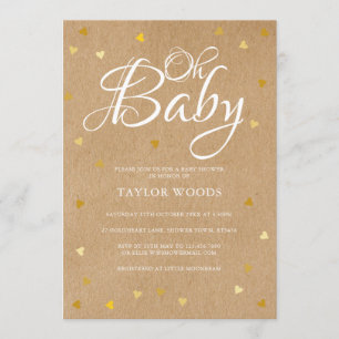 Convite Oh Baby Dourado Hearts Chá de fraldas Rustic Kraft