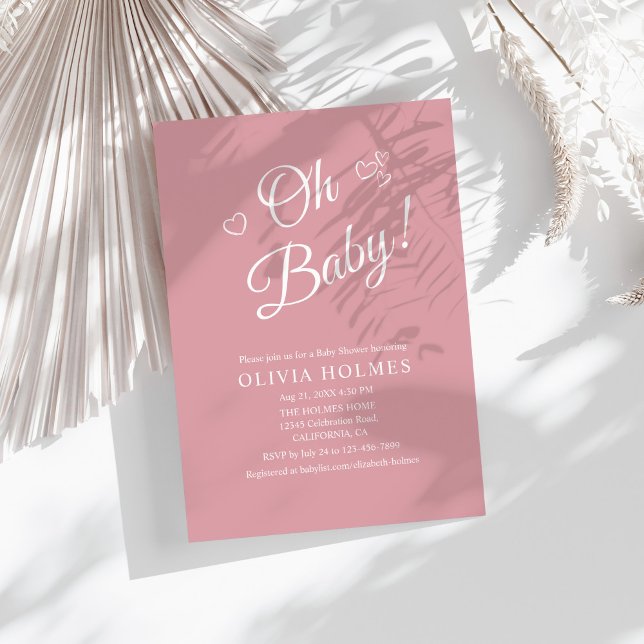 Convite "Oh Baby" Dusty Rosa Moderno Chá de fraldas Minima ("Oh Baby" Dusty Pink Modern Minimalist Baby Shower Invitation on a sunny white boho table.
)