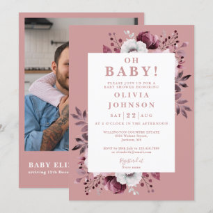 Convite Oh Baby Dusty Rose Floral Foto QR Chã de Bebê
