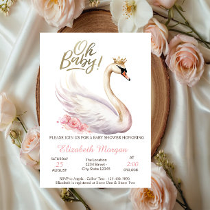 Convite Oh Baby Elegant Swan Crown Flowers Chá de fraldas