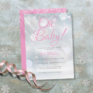Convite Oh Baby First Snowflakes Chá de fraldas Rosa