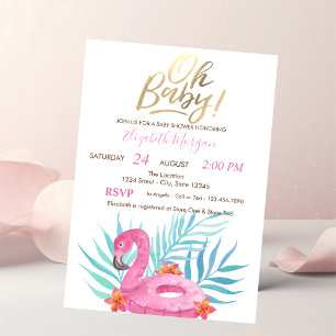 Convite Oh Baby Flamingo Rosa Folhas de Palmeira Hibisco