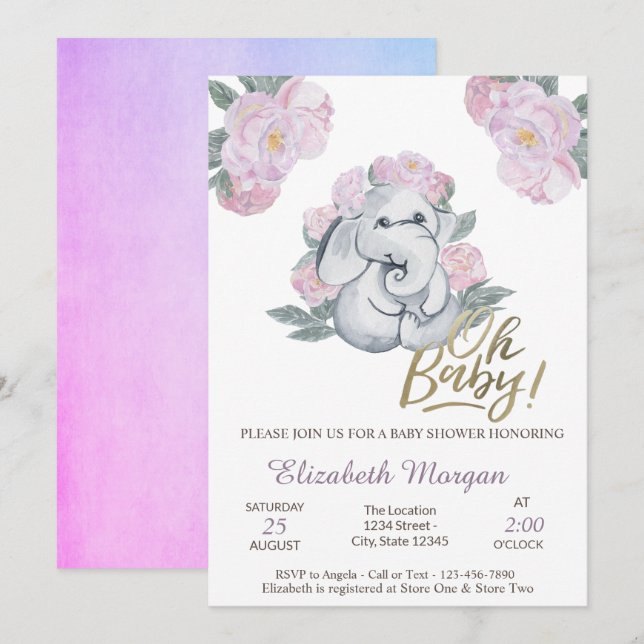 Convite Oh Baby Floral Elefante Chá de Bebê   (Frente/Verso)