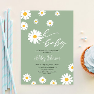 Convite Oh Baby Floral Retro Sage Green Daisy Chá de frald