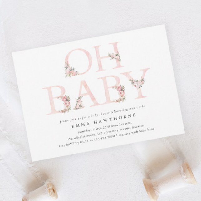 Convite Oh Baby Floral Typografia Rosa Chá de fraldas (Oh Baby Elegant Floral Typography Pink Girls Baby Shower Invitation.)