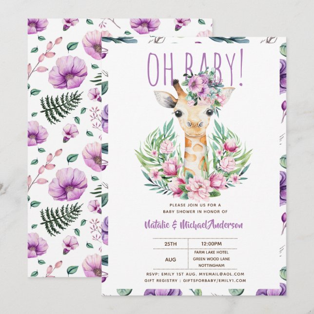 Convite Oh Baby GIRAFFE com Flores Roxas Chá Moderno (Frente/Verso)