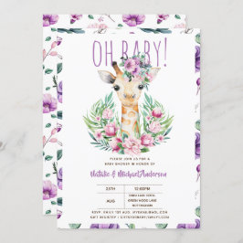 Convite Oh Baby GIRAFFE com Flores Roxas Chá Moderno