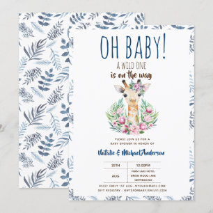 Convite Oh Baby Giraffe Um Animal Safari Selvagem Floral