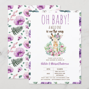 Convite Oh Baby Giraffe Um Animal Safari Selvagem Floral