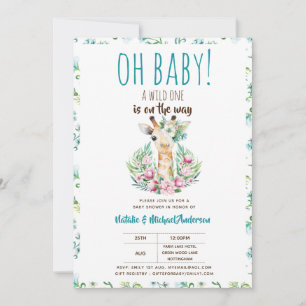 Convite Oh Baby Giraffe Um Animal Safari Selvagem Floral