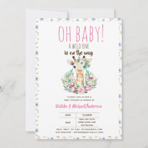 Convite Oh Baby Giraffe Um Animal Safari Selvagem Floral