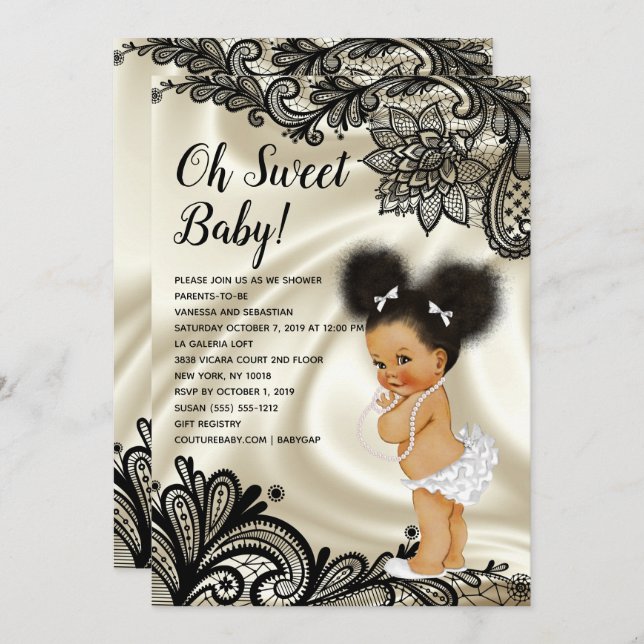 Convite Oh Baby Girl Black Lace & Ivory (Frente/Verso)