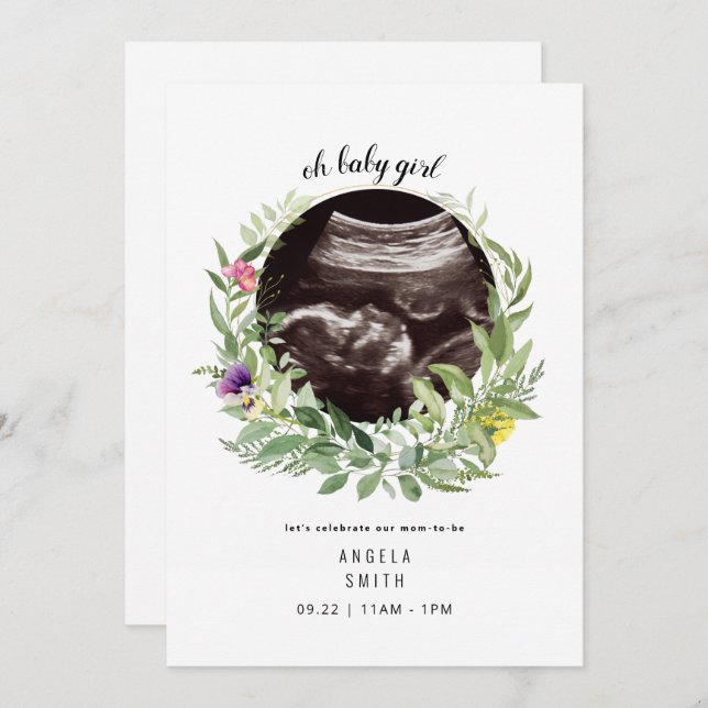 Convite Oh Baby Girl Ultrasound Floral Chá (Frente/Verso)