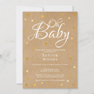Convite Oh Baby Gold Hearts Baby Shower Rústico Kraft Boho