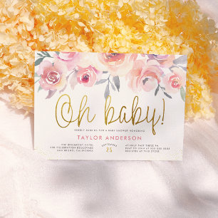 Convite Oh Baby Greenery Blush Roses Rosa Chá de fraldas 