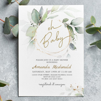 Convite Oh Baby Greenery Dourado Folhagem Eucalyptus Convi