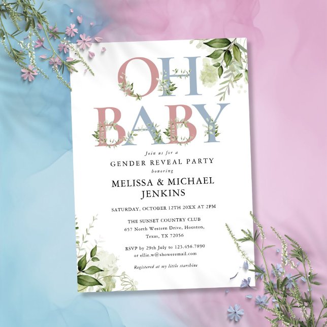 Convite Oh Baby Greenery - Letra Gênero Festa de Revenda (Oh Baby Greenery Letter Gender Reveal Party Invitation)