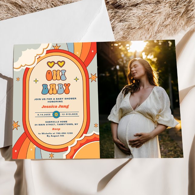 Convite Oh Baby Groovy Retro Rainbow Baby Shower Foto (Criador carregado)