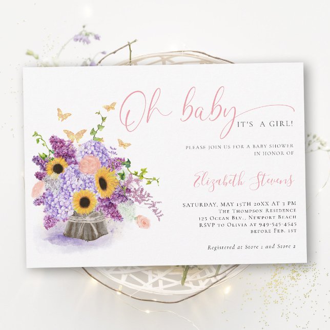 Convite Oh Baby Hidrangea Rústica Borboletas Chás de Bebê (girl baby shower invitation rustic sunflower hydrangea lilac butterflies gold elegant sweet)