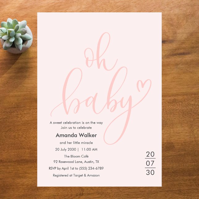 Convite Oh Baby! Minimal Elegant Pink Script Baby Shower (Oh Baby! Minimal Elegant Pink Script Baby Shower Invitation)