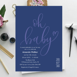 Convite Oh Baby! Minimal Typography Blue Baby Shower 