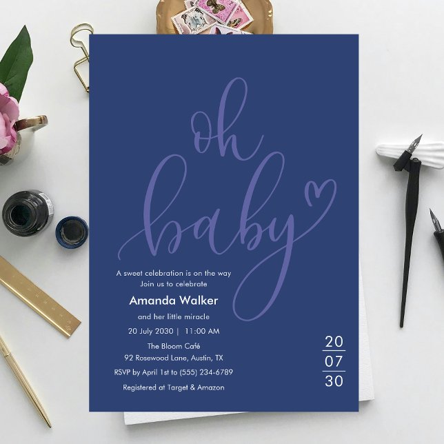 Convite Oh Baby! Minimal Typography Blue Baby Shower  (Oh Baby! Minimal Elegant Blue Script Baby Shower Invitation)