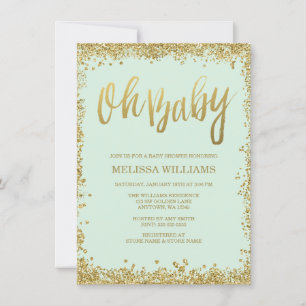 Convite Oh, Baby Mint, Chá de fraldas Dourado De Glitter