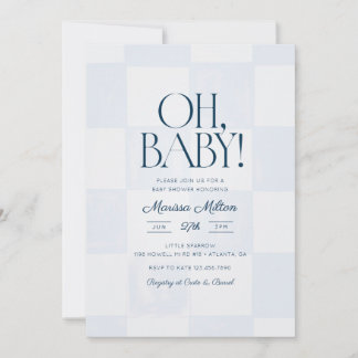 Convite Oh Baby Modern Blue Checkered Baby Shower