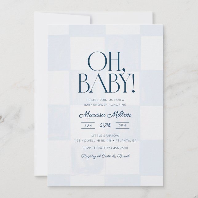 Convite Oh Baby Modern Blue Checkered Baby Shower (Frente)