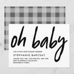 Convite Oh Baby Modern Chá de fraldas Cinza Gingham