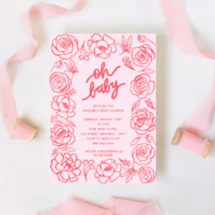 Convite Oh, Baby Modern Flowers Blush Pink Chá de fraldas
