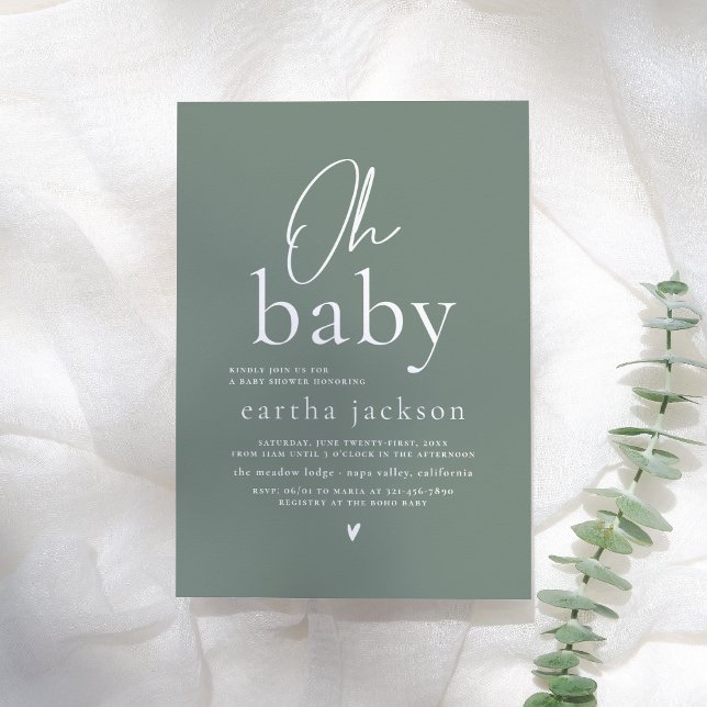 Convite Oh Baby Modern Script Sage Green Boho Chá de frald (Criador carregado)