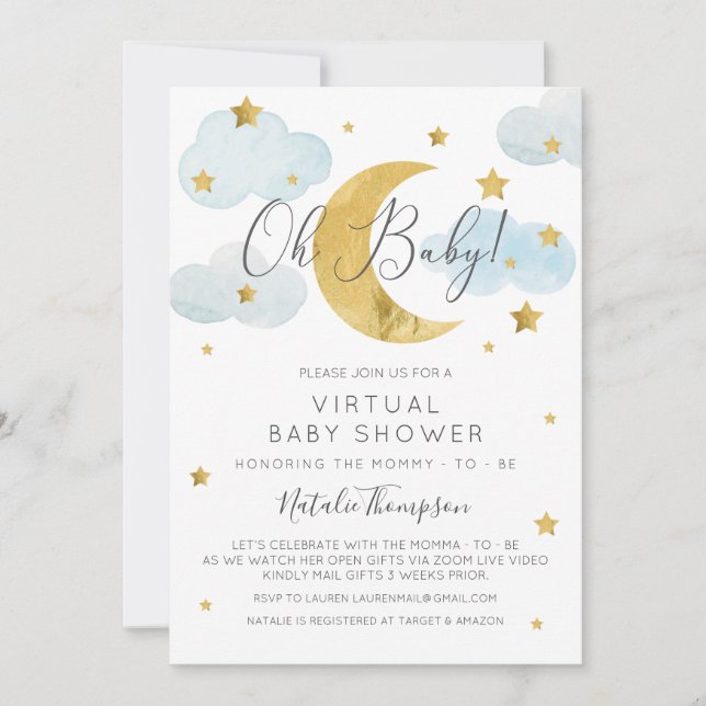 Convite Oh Baby Moon & Stars theme Virtual Baby Shower (Frente)