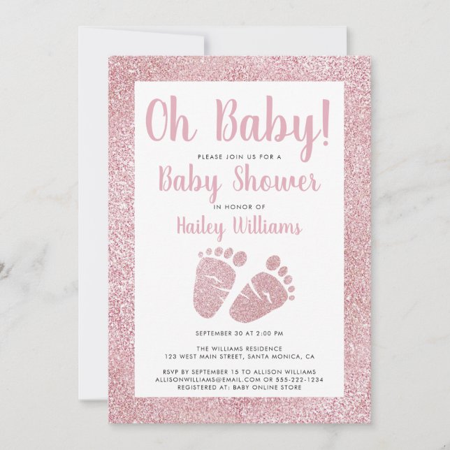 Convite Oh Baby Pink Glitter Baby Feet Chá (Frente)