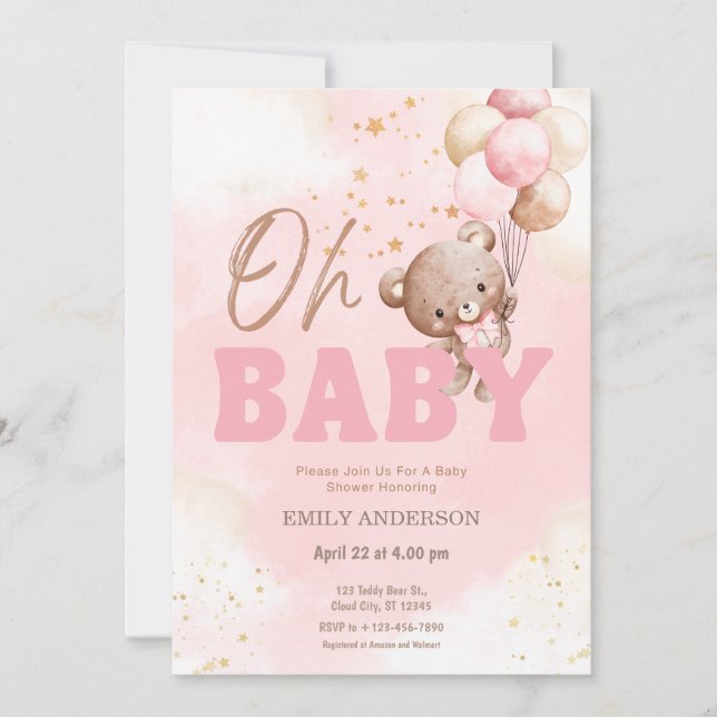 Convite Oh Baby Pink Teddy Bear Balloons Girl Baby Shower  (Frente)