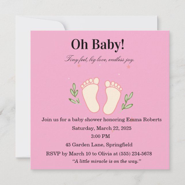 Convite Oh Baby Pink Tiny Feet Girl Baby Shower Invitation (Frente)