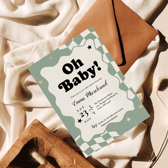 Convite Oh Baby! Retro Checkered Sage Green Baby Shower  (Criador carregado)