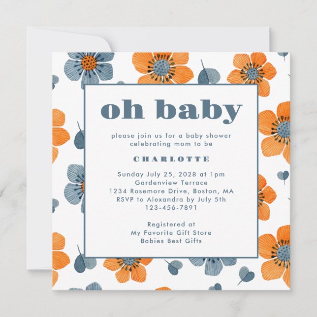 Convite Oh Baby Retro Floral Laranja Chá de fraldas Azul (Frente)