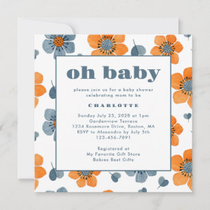 Convite Oh Baby Retro Floral Laranja Chá de fraldas Azul