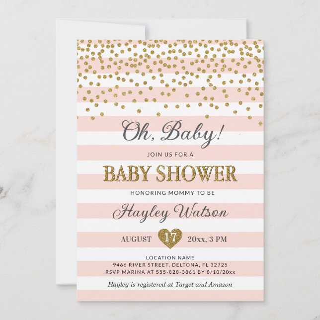Convite Oh Baby Rosa Bege Dourado Confettti Chã de Bebê Me (Frente)
