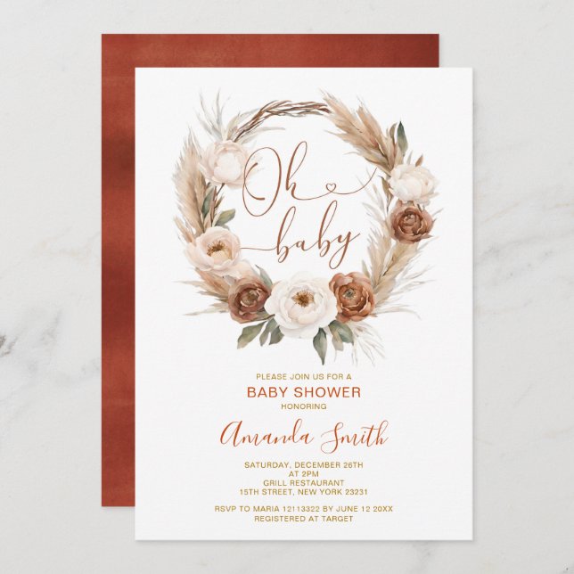 Convite Oh Baby Rustic Terracota Orange Floral Chá de fral (Frente/Verso)