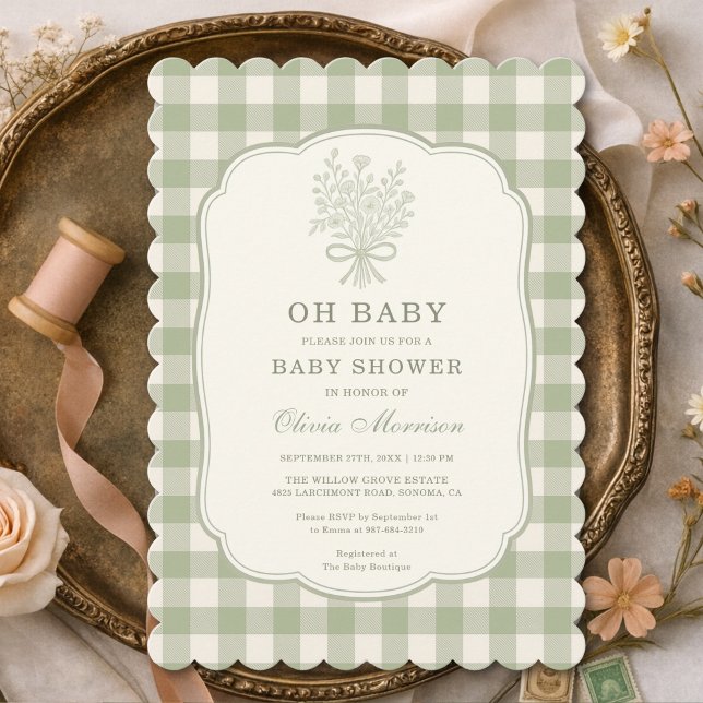 Convite Oh Baby Sage Green Gingham Baby Shower (Criador carregado)