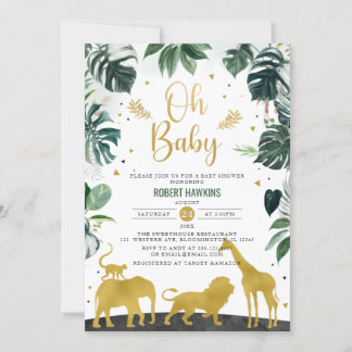 Convite Oh Baby Selgle Dourado Chá de fraldas Safari Anim